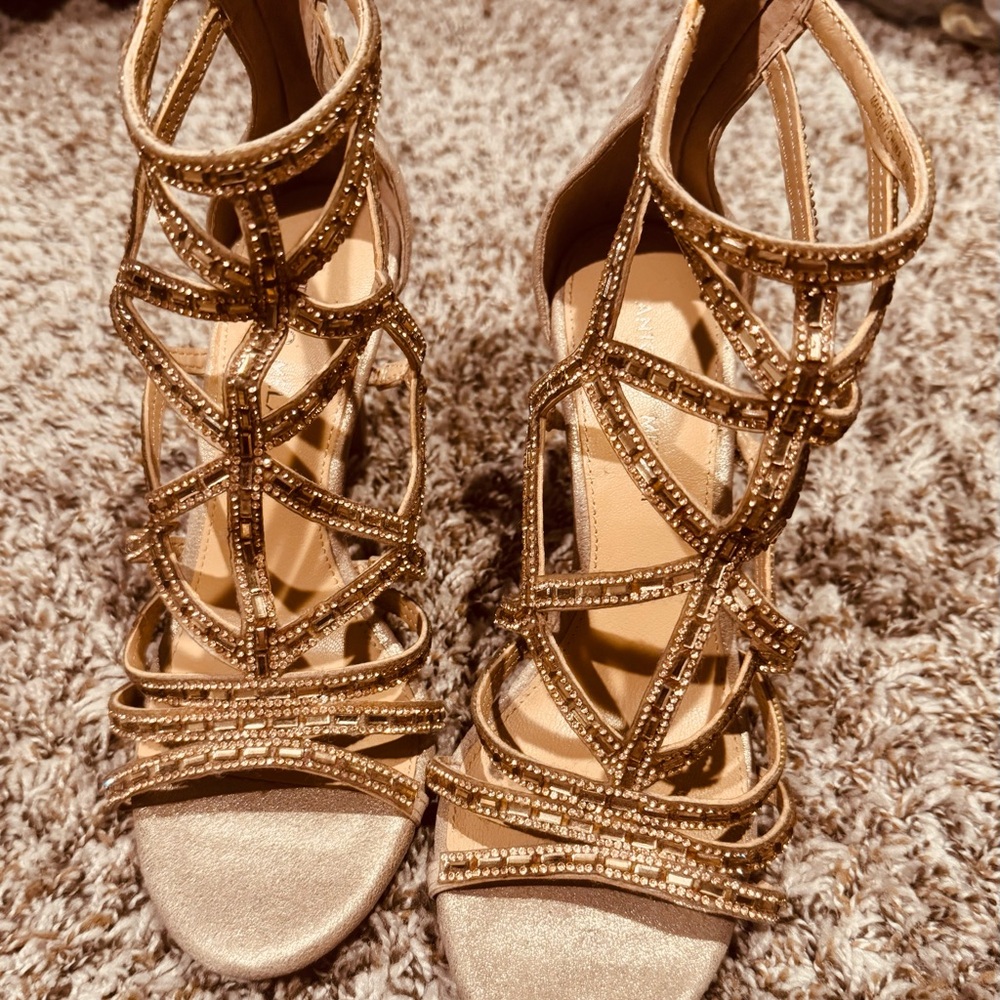 ANTONIO MELANI Gold Beaded Strappy Heels